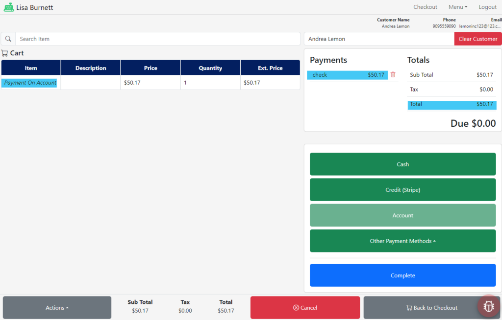 register checkout - account balance with payment on account