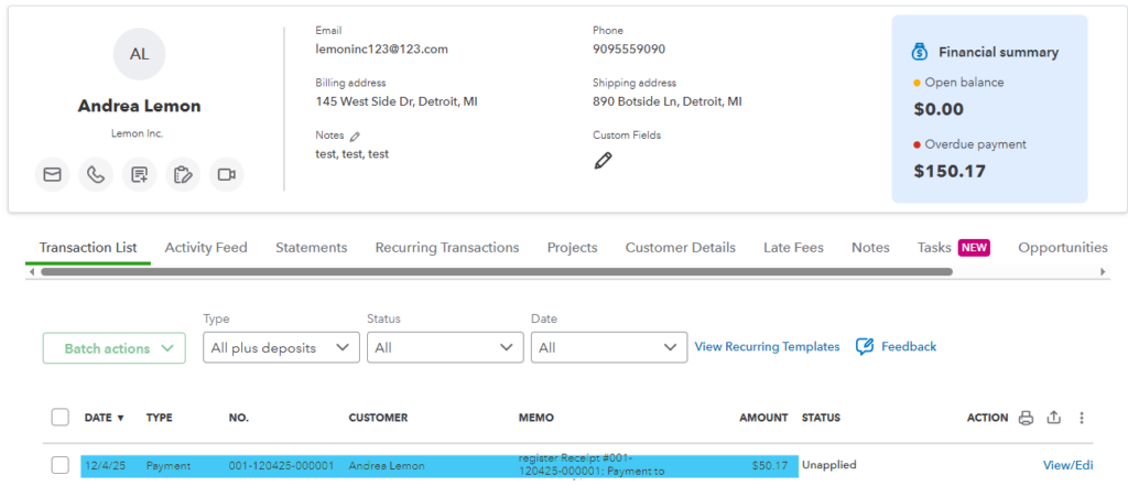 QuickBooks Online view - customer account paid