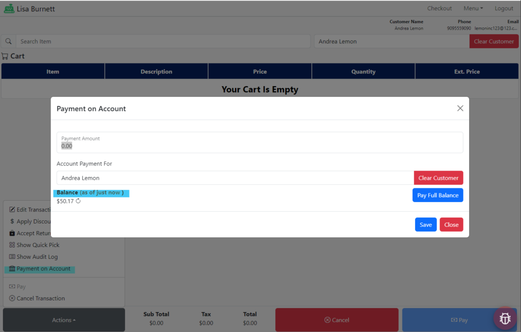 register checkout - account balance view