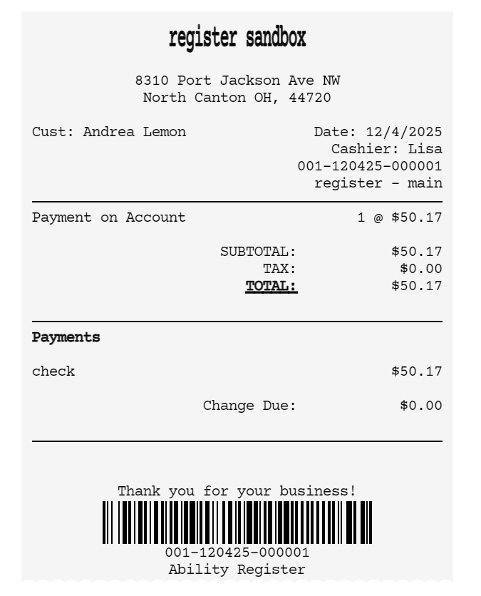 register receipt - customer account balance