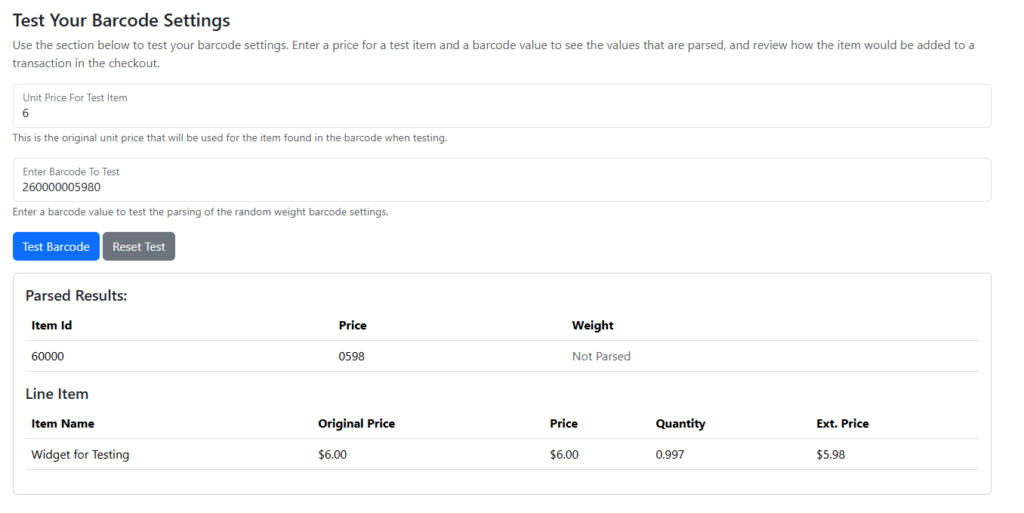 random weight barcode scanning test example