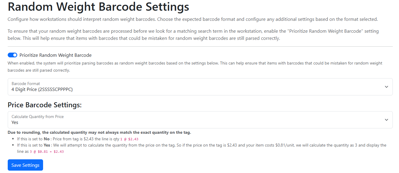 random weight barcode scanning settings